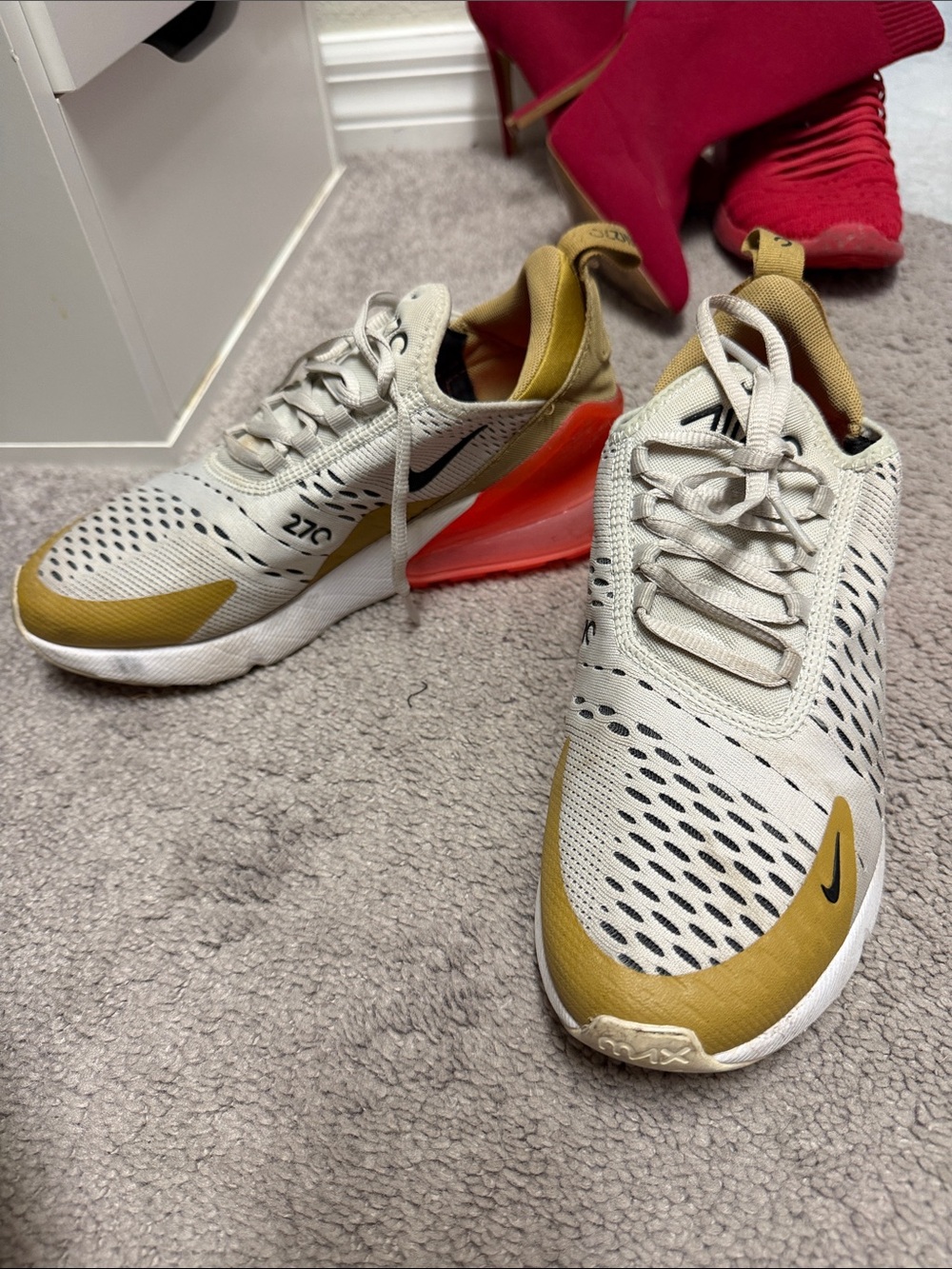 Nike Off-White/Gold with Orange Heel Air Max 270 Sneakers